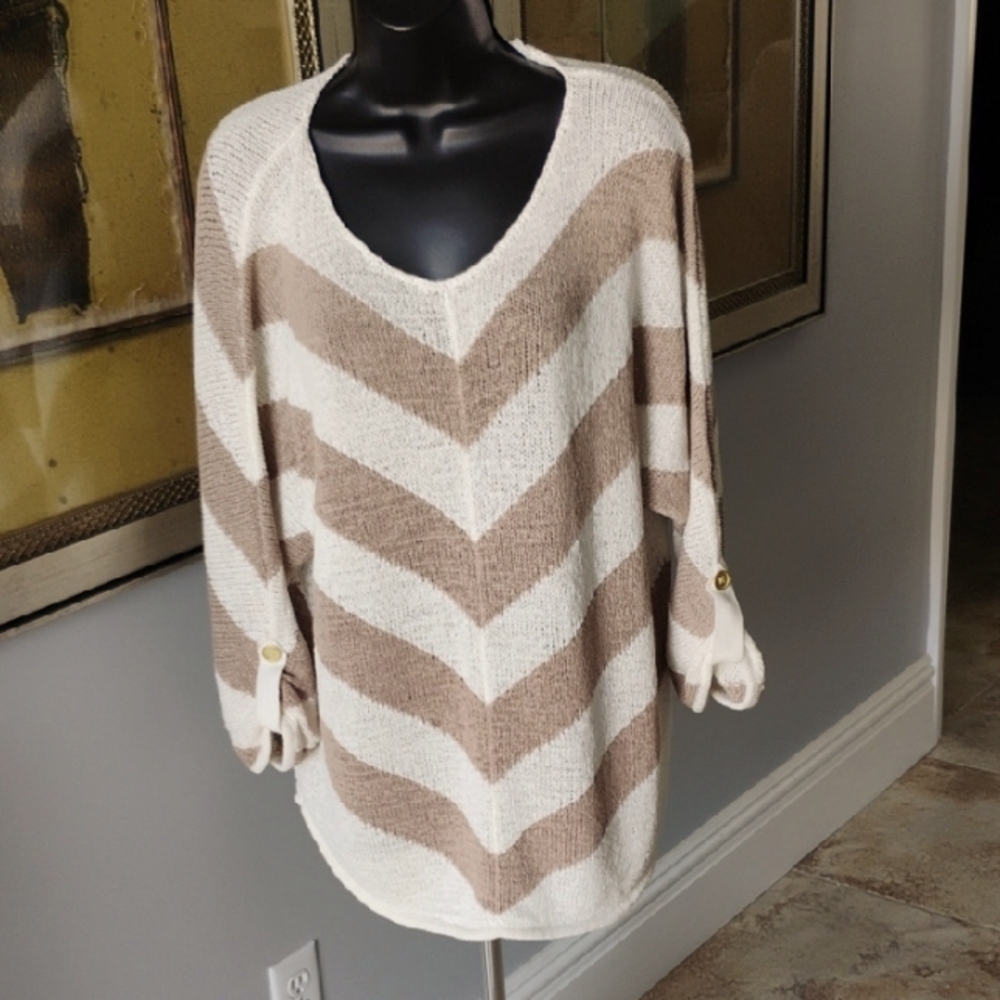 Chicos Loose Weave Tunic Sweater Raglan Sleeves Size 2 Lightweight  3/4 Sleeves